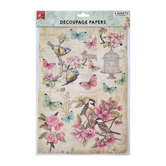 Little Birdie A4 Decoupage Paper (4PK) Robin Garden
